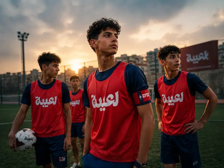 تلات لاعبين كورة بالفانلات الحمرا في الملعب وقت الغروب